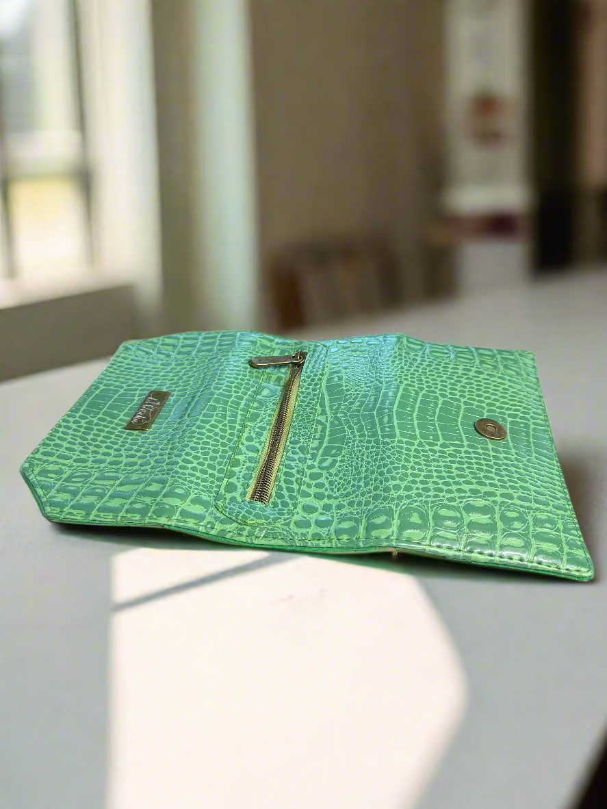 Wallet - Large Pastel Green Croc-Embossed Vegan Leather