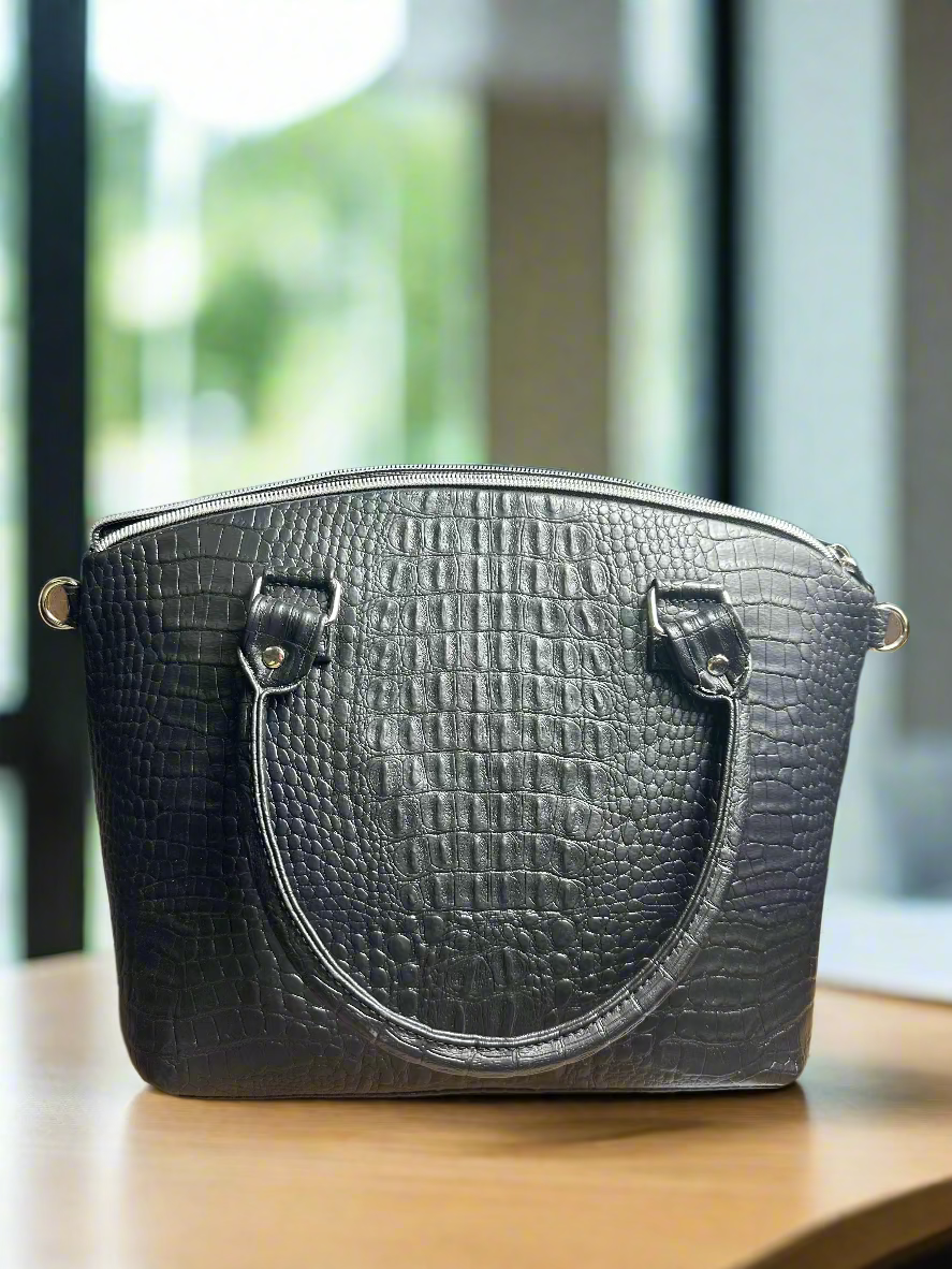 The Lola - Black Croc-Embossed Vegan Leather Handbag