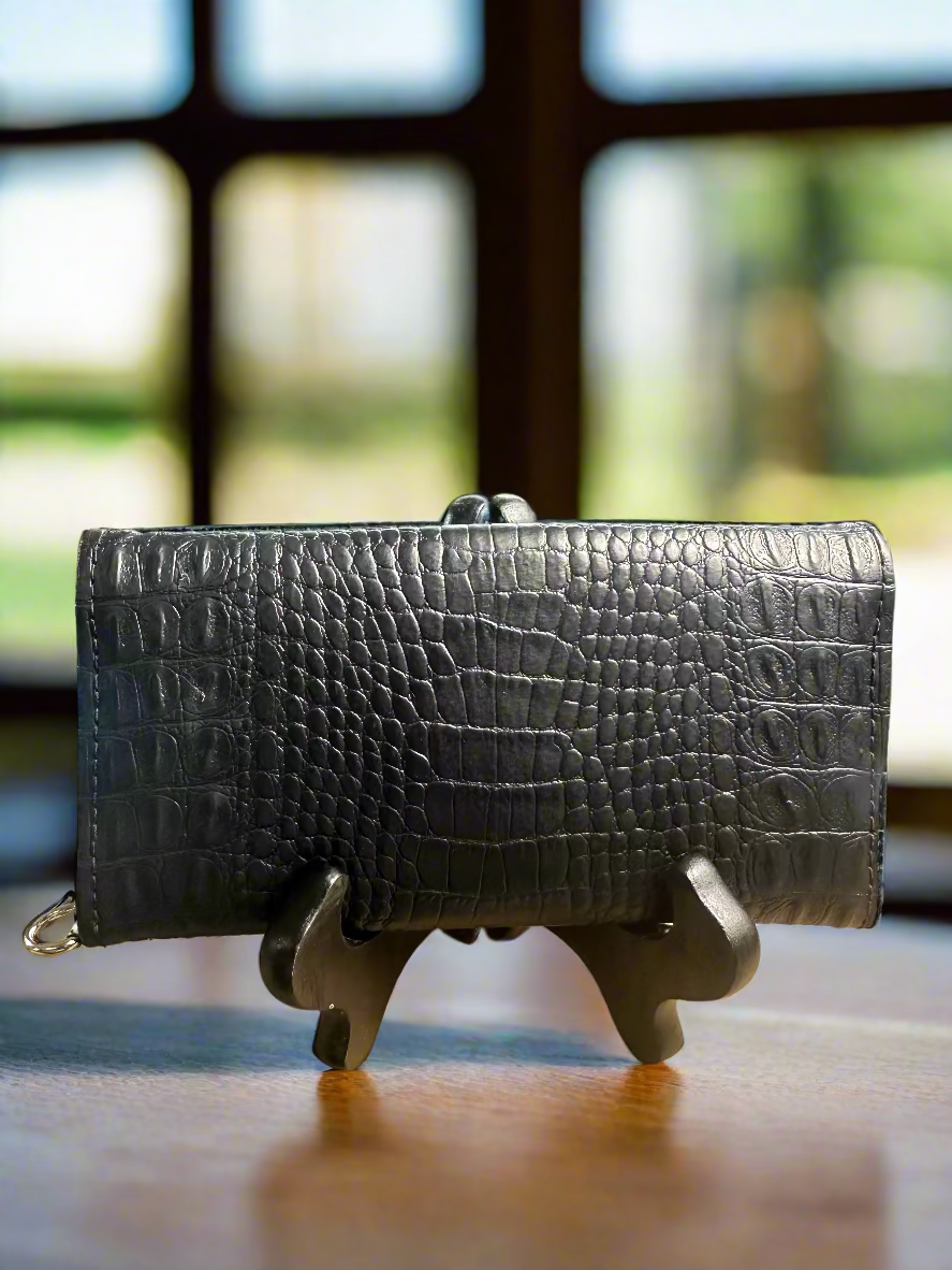 Wallet - Large Black Croc-Embossed Vegan Leather