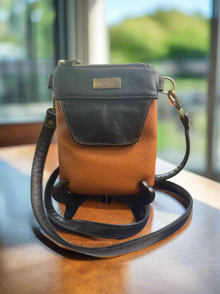 "The Elysian" Black and Tan Vegan Leather Phone Sling Bag