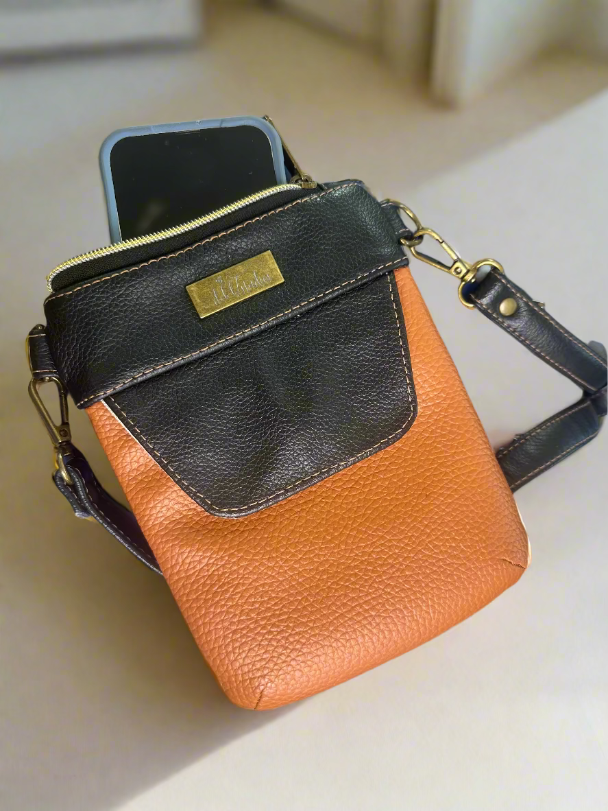 "The Elysian" Black and Tan Vegan Leather Phone Sling Bag
