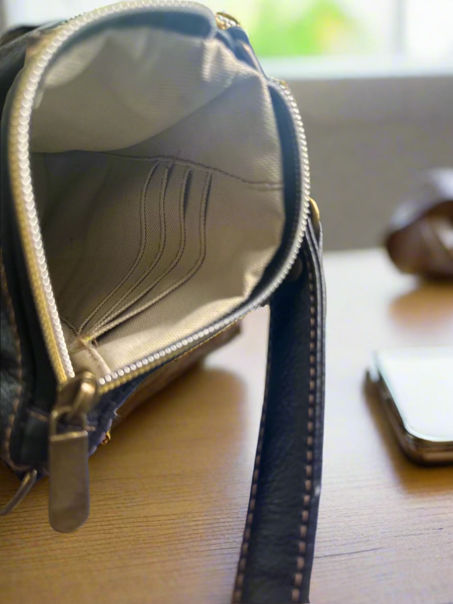 "The Elysian" Black and Tan Vegan Leather Phone Sling Bag