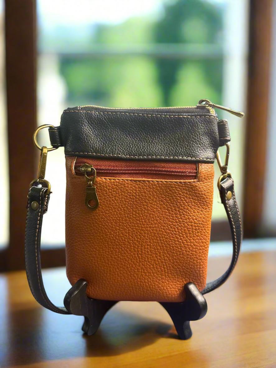 "The Elysian" Black and Tan Vegan Leather Phone Sling Bag