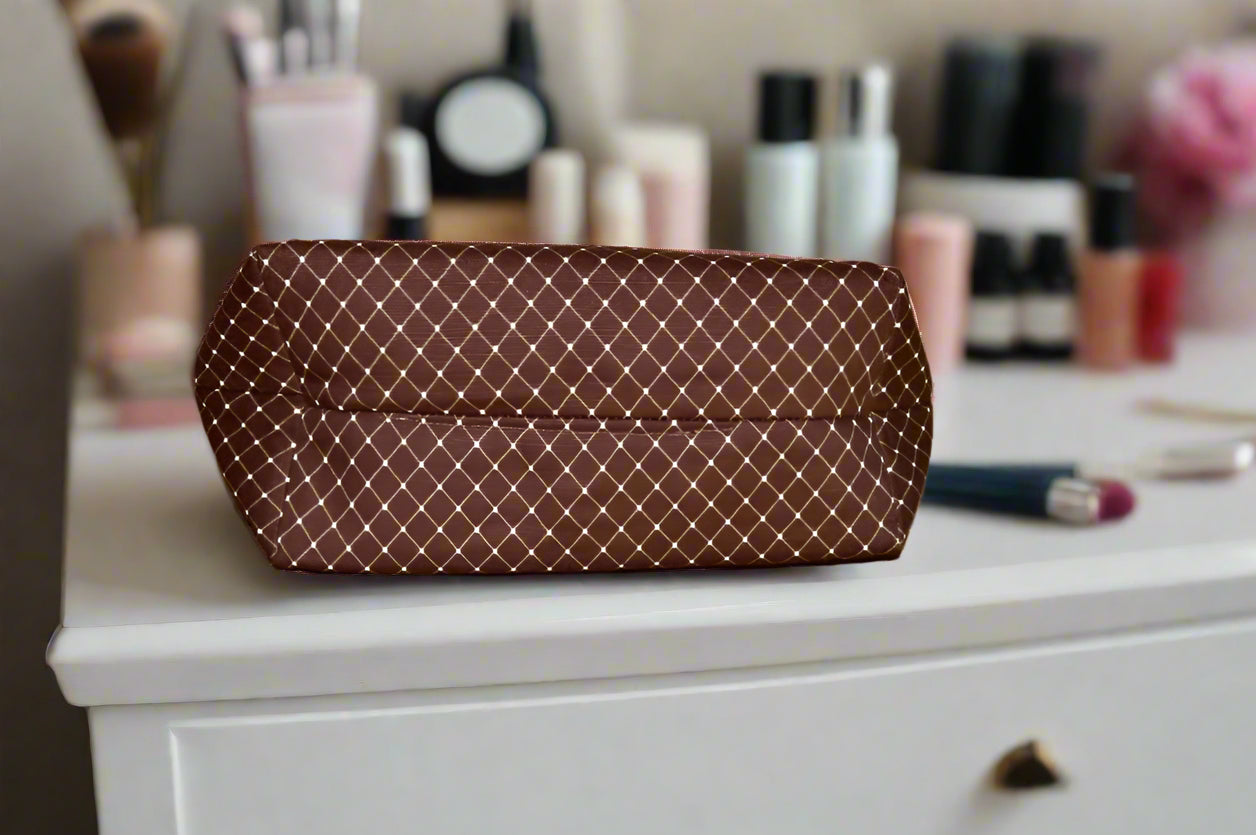 Mocha Wafer Cosmetic Bag – Two-Tone Canvas with Newspaper Print Lining