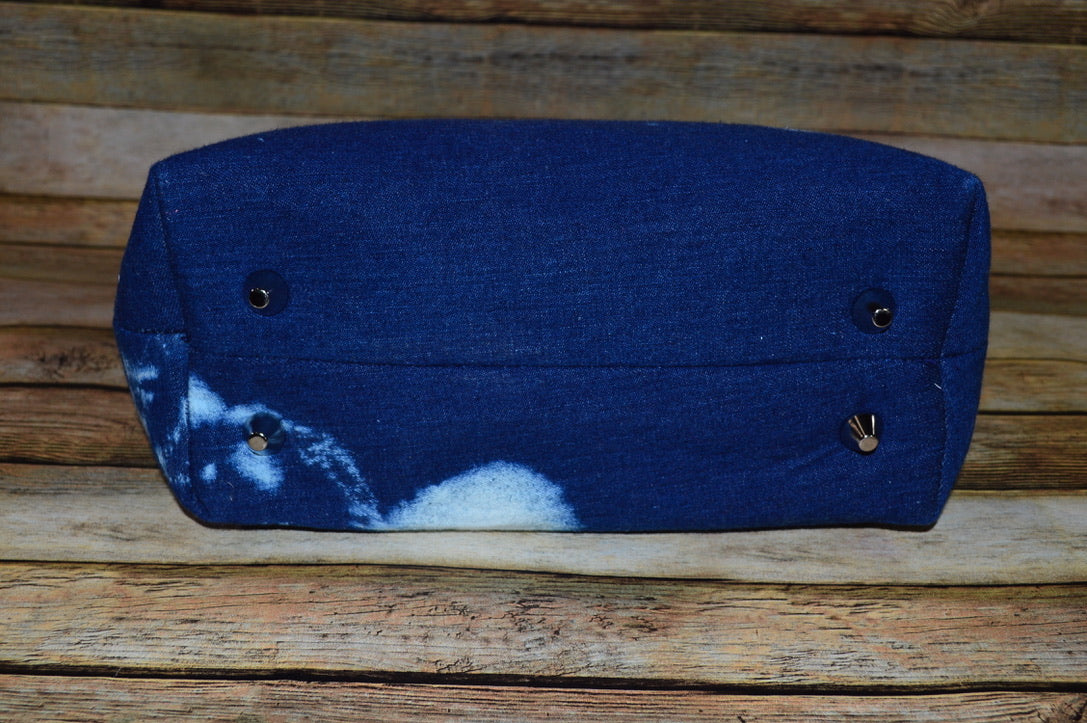 Scooby Blue – Denim Handbag with White Stitching & Antique Brass Hardware