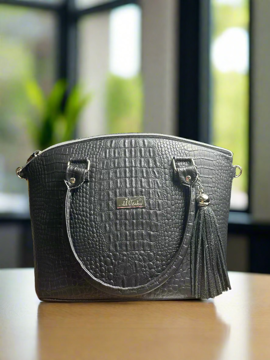 The Lola - Black Croc-Embossed Vegan Leather Handbag