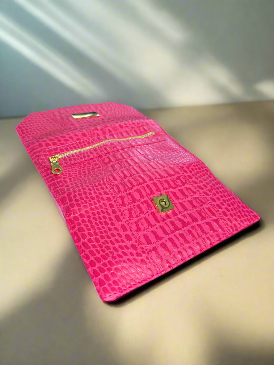 Wallet - Large Pretty Pink Croc-Embossed Vegan Leather