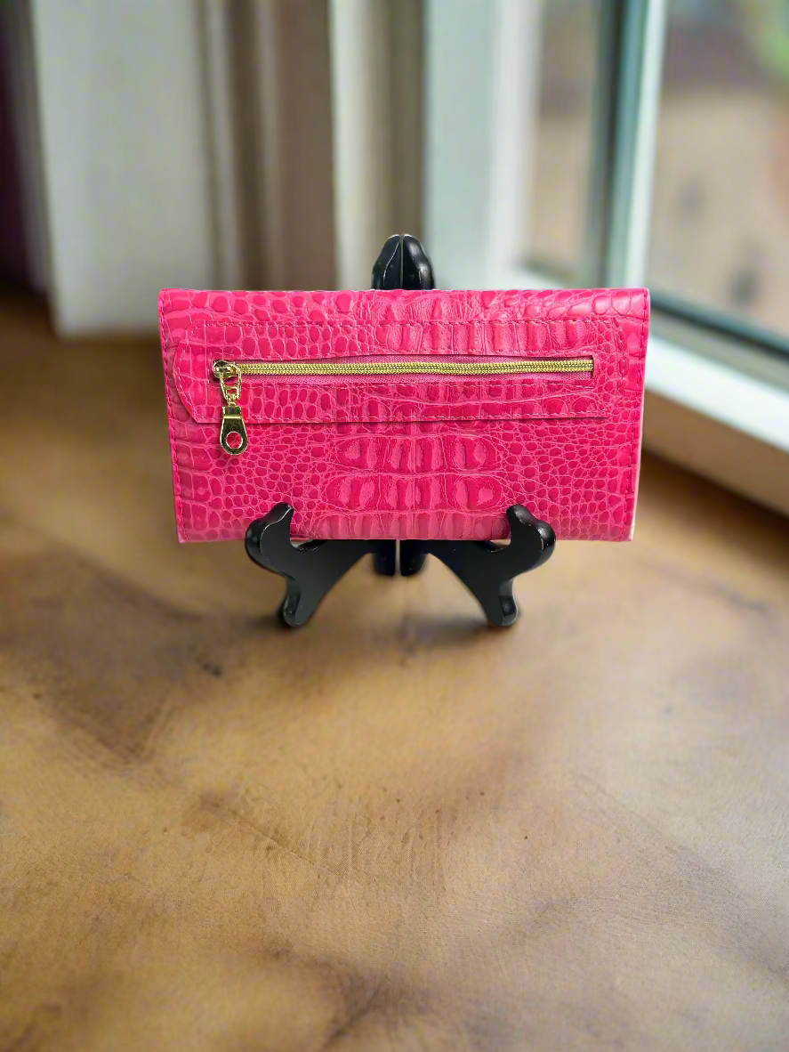 Wallet - Large Pretty Pink Croc-Embossed Vegan Leather