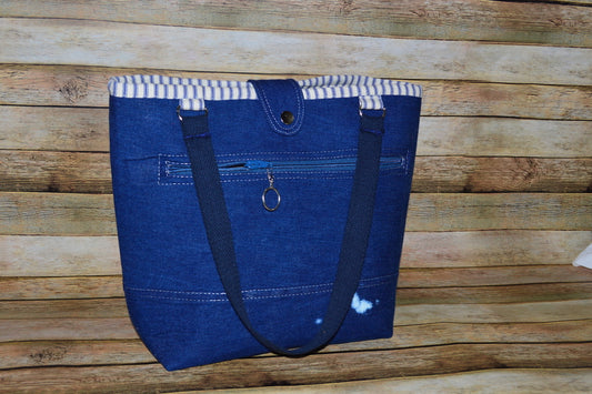 Scooby Blue – Denim Handbag with White Stitching & Antique Brass Hardware