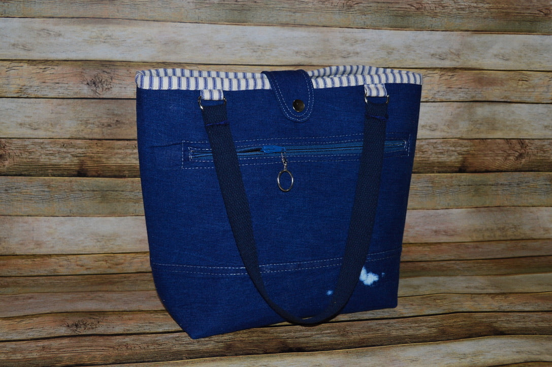 Scooby Blue – Denim Handbag with White Stitching & Antique Brass Hardware
