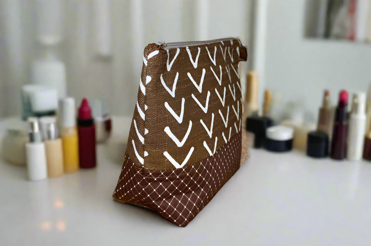 Mocha Wafer Cosmetic Bag – Two-Tone Canvas with Newspaper Print Lining
