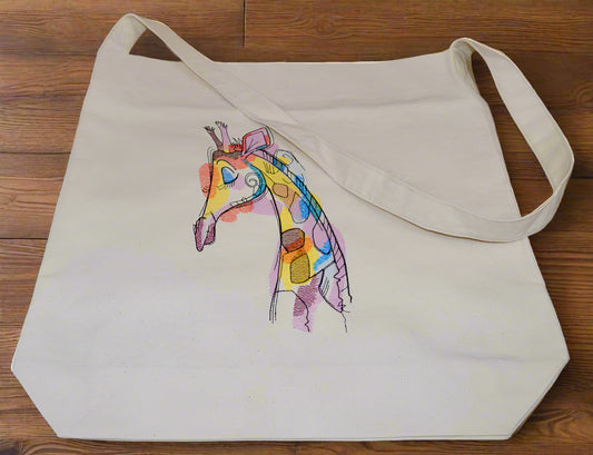 Giraffe Canvas Tote – Jewel-Toned Embroidered Design on Natural Cotton